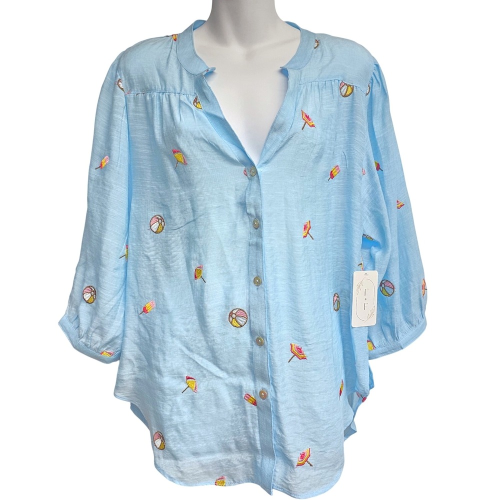Figueroa + Flower Blue Embroidered Beach Themed Top Medium NWT Coastal Resort